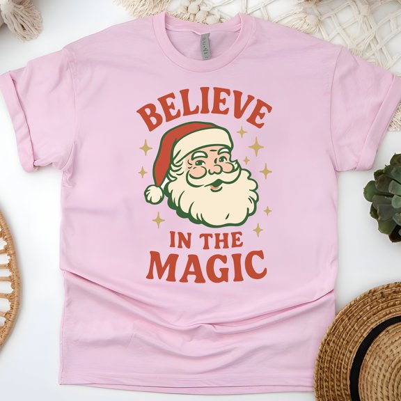 Believe in the Magic Shirt | Santa Claus Graphic Tee | Unisex Casual T-Shirt, Light Pink, Size XL