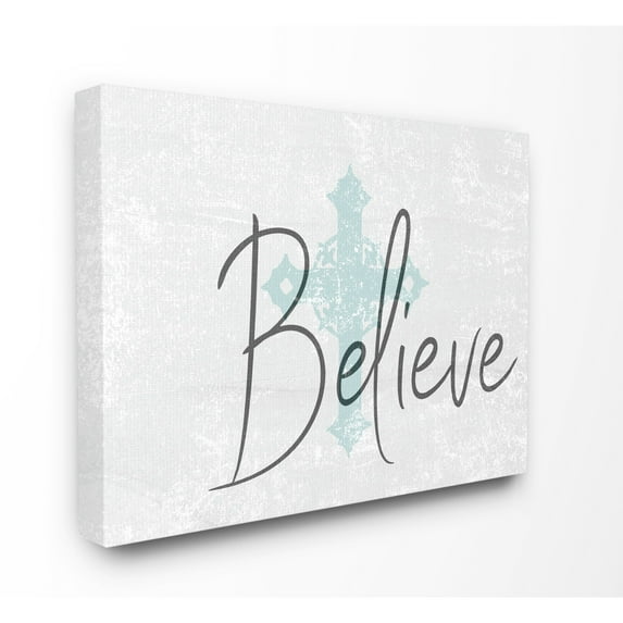 Believe with Holy Cross Wood Texture Oversized Stretched Canvas Wall Art, 24 x 1.5 x 30