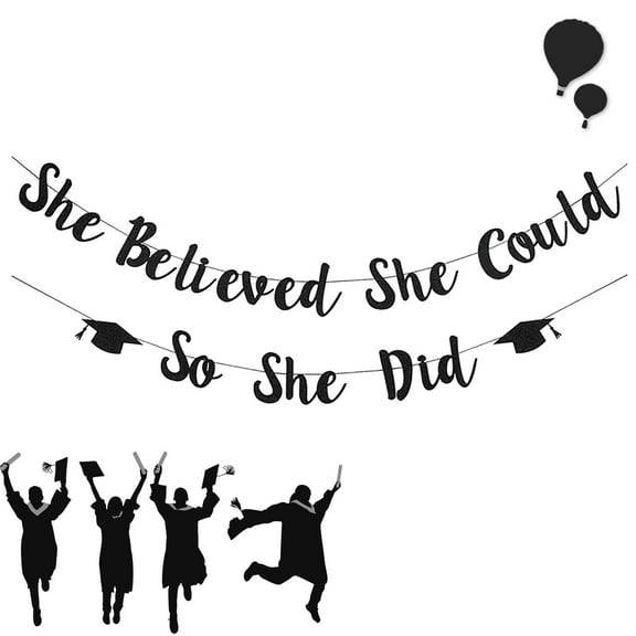 She Believed She Could So She Did Banner Decorations - Black Glitter She Did It 2026 Garland Graduation Bunting Banner, Congrats Grad Photo Backdrop for Girls College Graduation Party Favors
