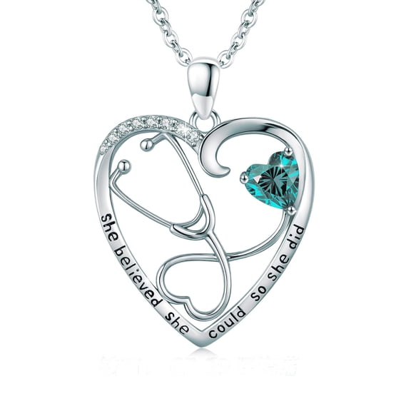 She Believed She Could Stethoscope Heart Necklace for Women, 925 Sterling Silver Blue Topaz Medical Nurse Pendant, Christmas/Graduation/Thank You Gift for Doctor Nurse RN