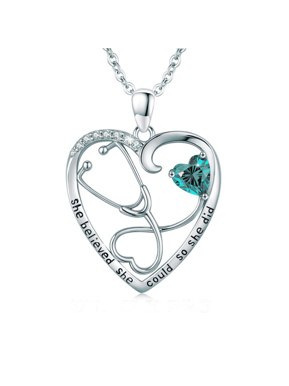 She Believed She Could Stethoscope Heart Necklace for Women, 925 Sterling Silver Blue Topaz Medical Nurse Pendant, Christmas/Graduation/Thank You Gift for Doctor Nurse RN