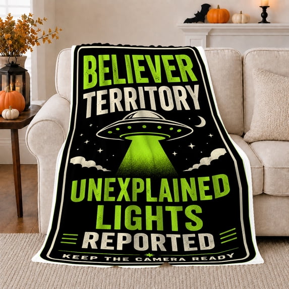 Believer Territory UFO Poster, Bold Alien Style for Space Lovers, Unexplained Lights Reported Scene and Christmas Gift, Soft Flannel Blanket for Den and Game Room, Sci Fi Home Decor