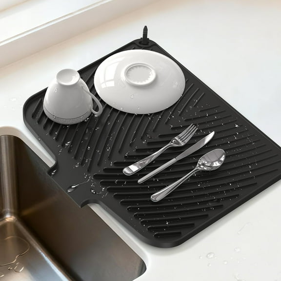 Belife Dish Drying Mat for Kitchen Counter, Silicone Dish Drainers Pad, Non-Slip Under Sink Dish Drying Rack, Heat Resistant Small Stone Drying Board, (16.9" x 14.6",Black)