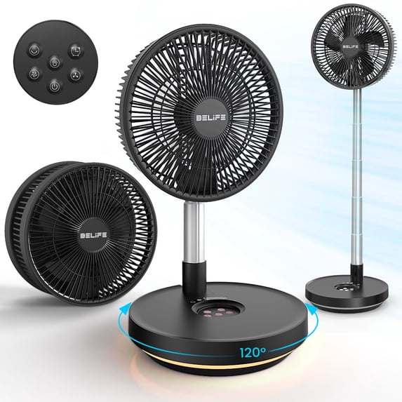 Belife X10 Portable Fan, Cordless 7200mAh Battery Operated Oscillating, USB Rechargeable Desk Floor Fan with Remote & Timer & Light, Foldable Telescopic Fan for Home Bedroom Travel Camping (Black)
