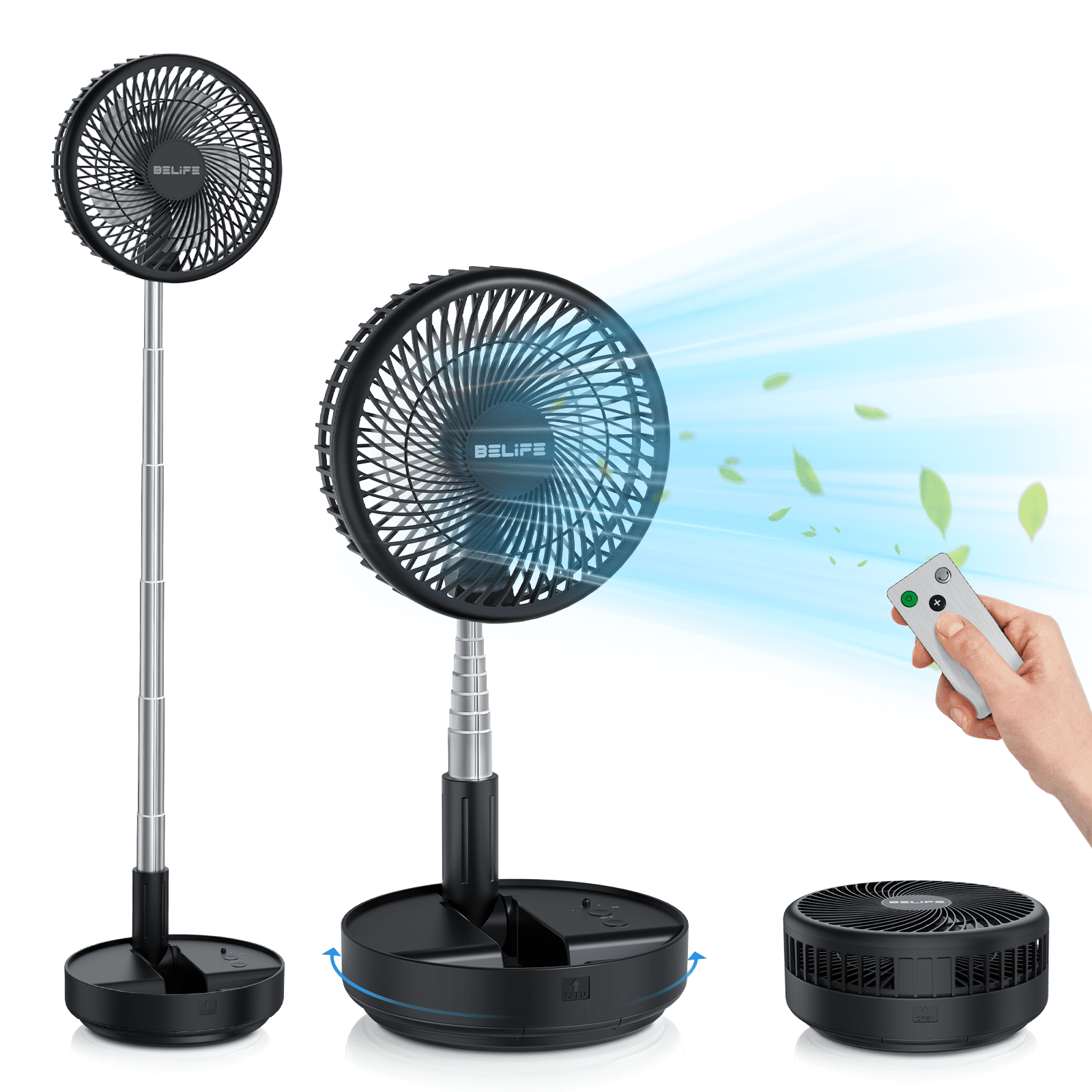 Belife X8 Portable Fan, 7200mAh Battery Powered Fan Rechargeable, Oscillating USB Desk Floor Fan with Remote, Foldable Telescopic Fan for Home Bedroom Sleeping Office Camping Travel, 7.7" (Black)