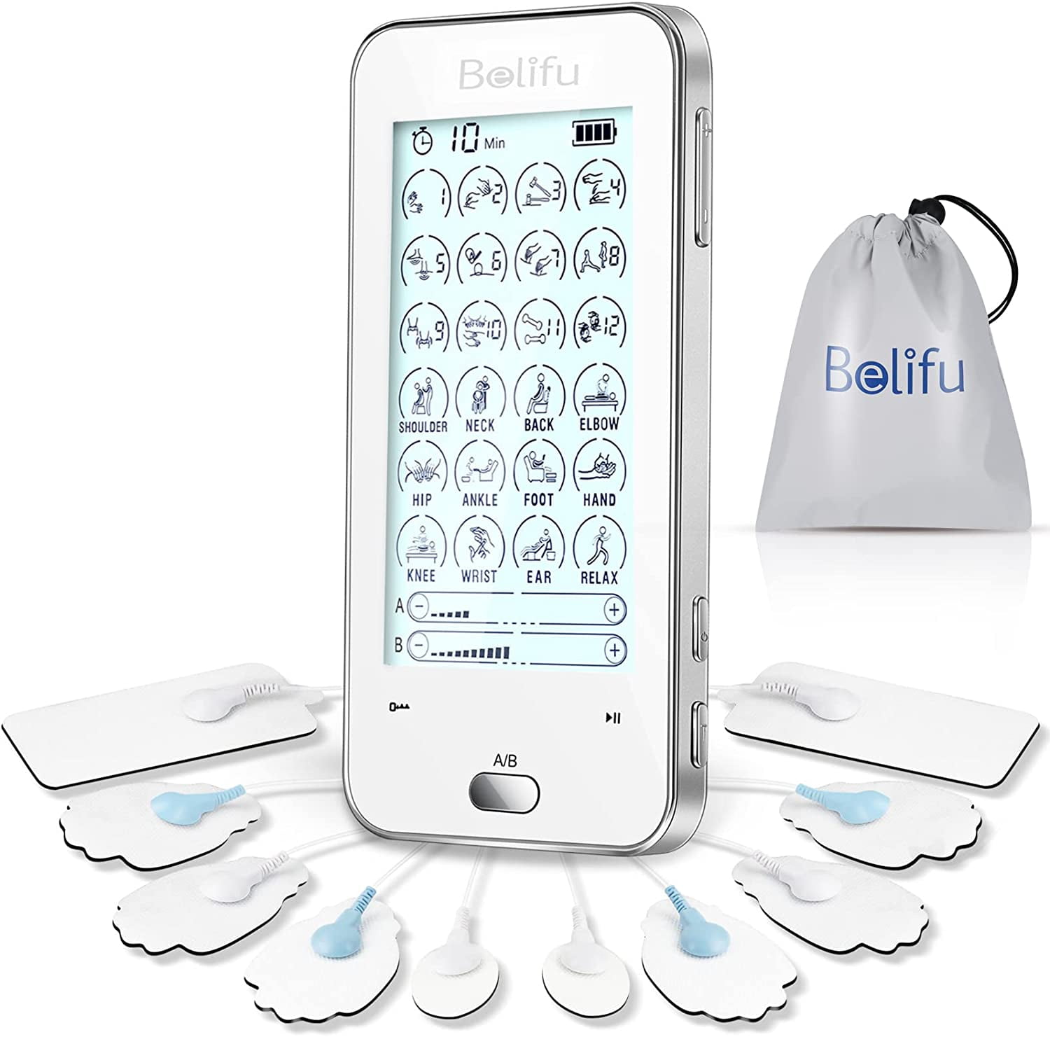Belifu Tens Unit Muscle Stimulator Independent 24 Modes, Pulse Massager Touchscreen Tens EMS Machine for Neck Back Arms Chronic Pain Relief Sciatica Tendonitis Plantar Body Building White 1 Count (Pack of 1)