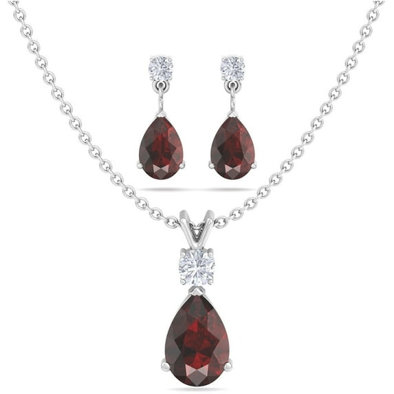 Belinda Jewelz Jewelry Set for Women, Natural Pear shaped 7x5mm Garnet and 3mm Natural White Topaz Pendant Necklace and Matching Pear Shaped Garnet and White Topaz Stud Earrings