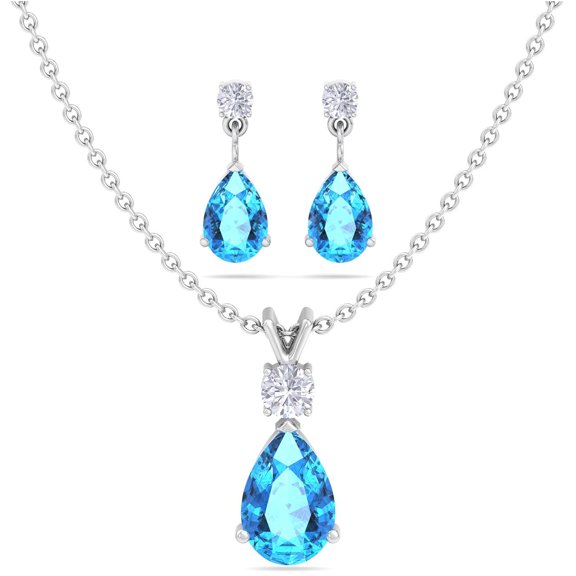 Belinda Jewelz Jewelry Set for Women, Natural Pear shaped 7x5mm Swiss Blue Topaz and 3mm Natural White Topaz Pendant Necklace and Matching Pear Shaped Swiss Blue Topaz and White Topaz Stud Earrings