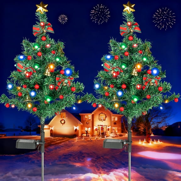 2 Pack Solar Powered Christmas Tree Lights, Outdoor Holiday Decor with 40 Bright LEDs, Waterproof Xmas Garden Decorations for Pathway, Yard, Grave and Lawn