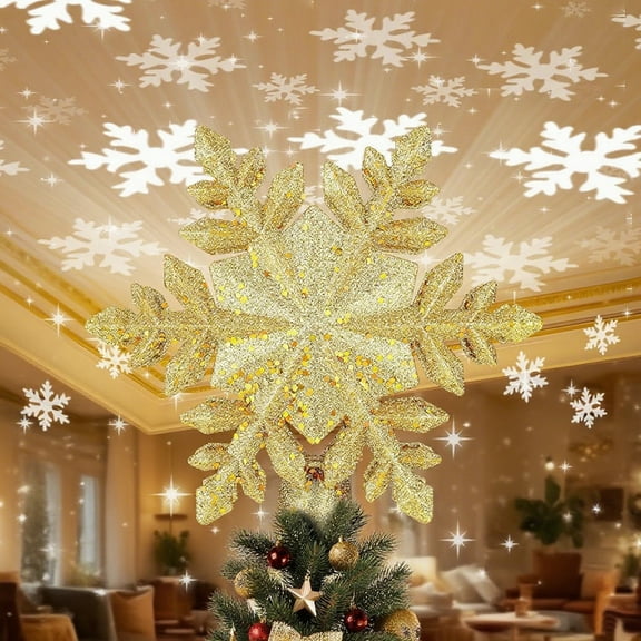 Belita Amy Christmas Tree Topper Lighted with 6 Projection Slides, Snowflake Christmas Tree Topper LED Rotating 3D Lighted Tree Toppers Glitter Tree Topper Projector for Christmas Tree