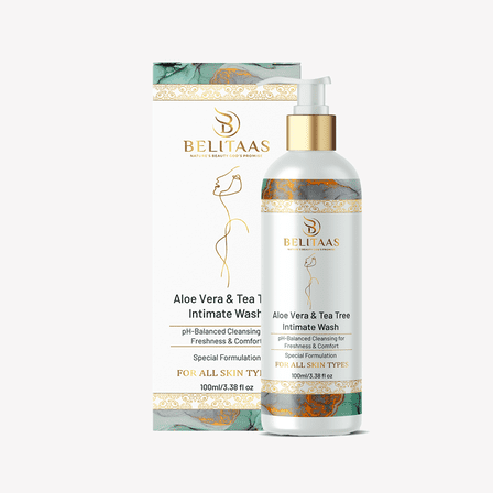 Belitaas PH-BALANCED Intimate Wash For Women (100ml/3.38 fl oz) | Aloe Vera, Neem, Tea Tree Oil & Lactic Acid | Gentle & Soothing Formula