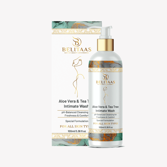 Belitaas PH-BALANCED Intimate Wash For Women (100ml/3.38 fl oz) | Aloe Vera, Neem, Tea Tree Oil & Lactic Acid | Gentle & Soothing Formula
