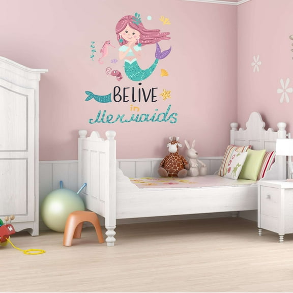 Belive In Mermaids Mermaid Vibes Seahorse Sea Shells Statfish Princess Fish Starfish Queen Sweet Dreams Bedtime Unicorn Lovely Dear Dream Decorating Wall Decal Sticker - Size: 16 In X 20 In