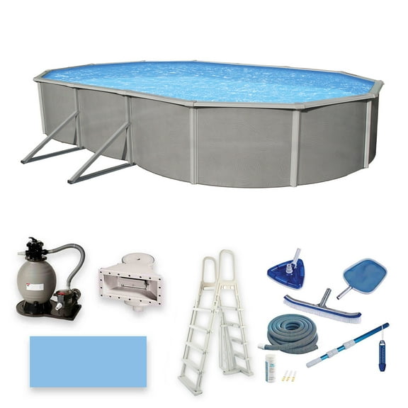 Belize 15-ft x 30-ft Oval 52-in Deep 6-in Top Rail Metal Wall Swimming Pool Package
