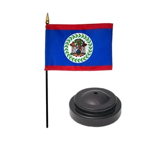 Belize Desk Flag with Base; American Made Rayon 4x6 inch Miniature Table Set Includes One Small Mini Country Stick Flags and One Black Stand (Belize Desk Flag and Base)