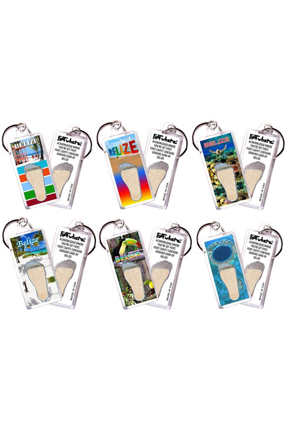 Belize FootWhere Souvenir Keychains. (BLZ100 - Assorted) 6 Piece Set.