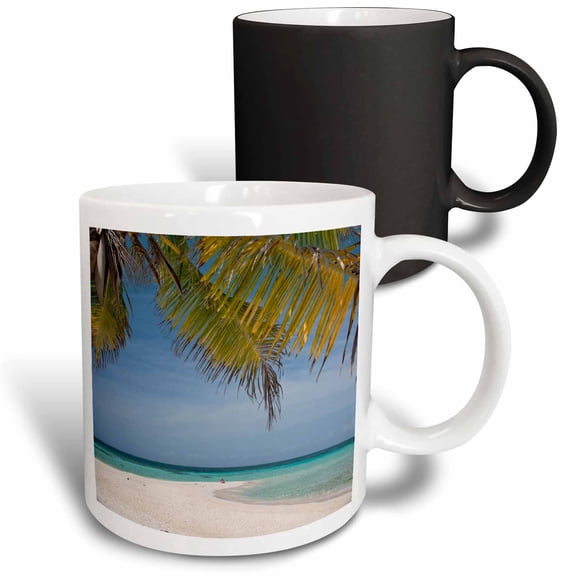 3drose, Belize. Goff Caye Barrier Reef Island, Palm Tree and White Sand Beach., 11oz Magic Transforming Mug