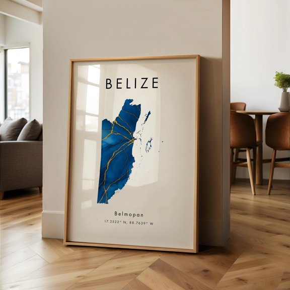 Belize Map PRINTED Poster Blue and Gold North America Wall Art Print Home Decor Geography Map Gift Wallpaper