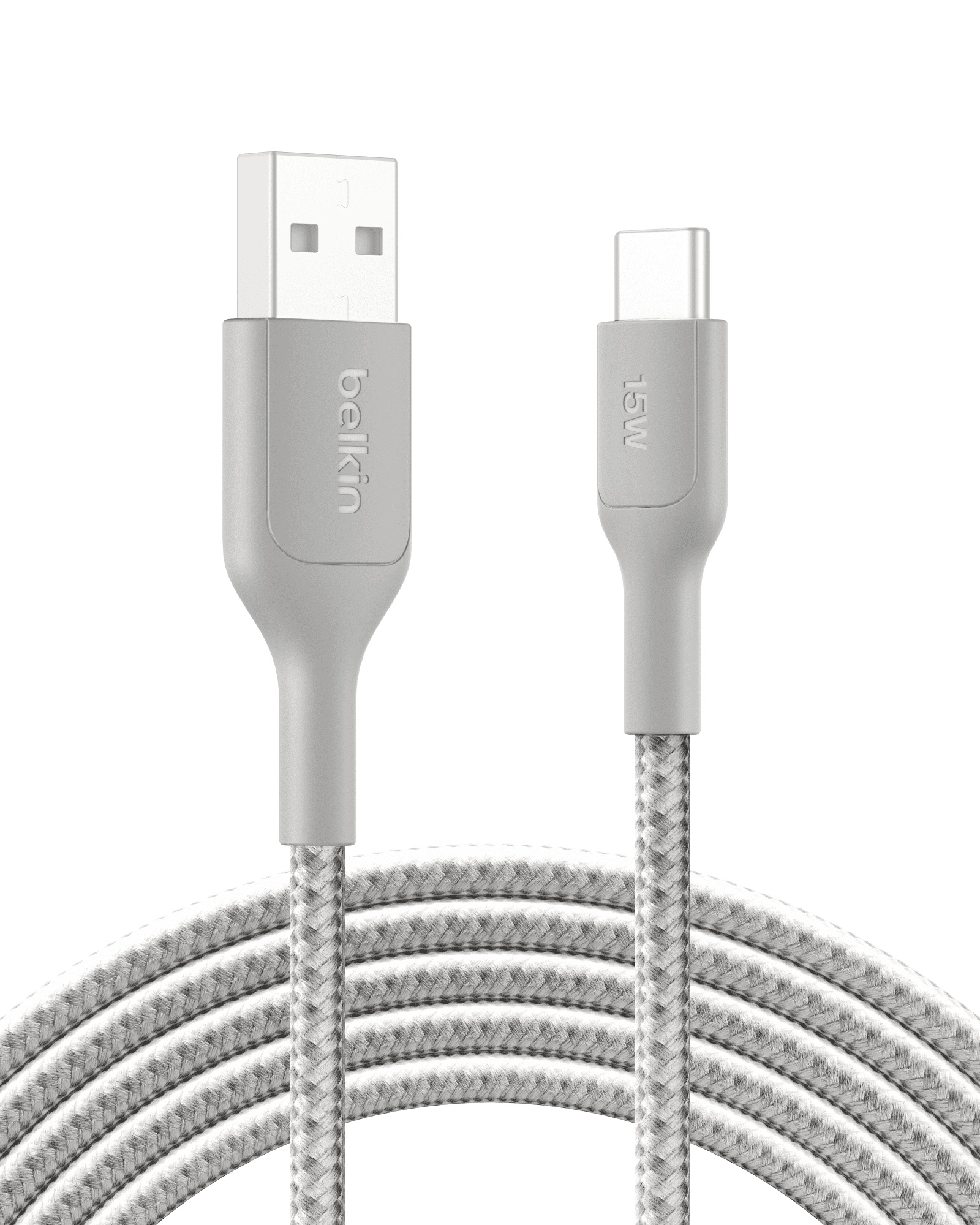 Belkin Braided USB-A to USB-C Cable (10 ft, 15W) - Soft, Flexible Fast-Charging Cable, Type C Charger Cord for iPhone 16 & 15 Series, Galaxy S25, Pixel 9, iPad Pro, & More - Gray (USB 2.0)