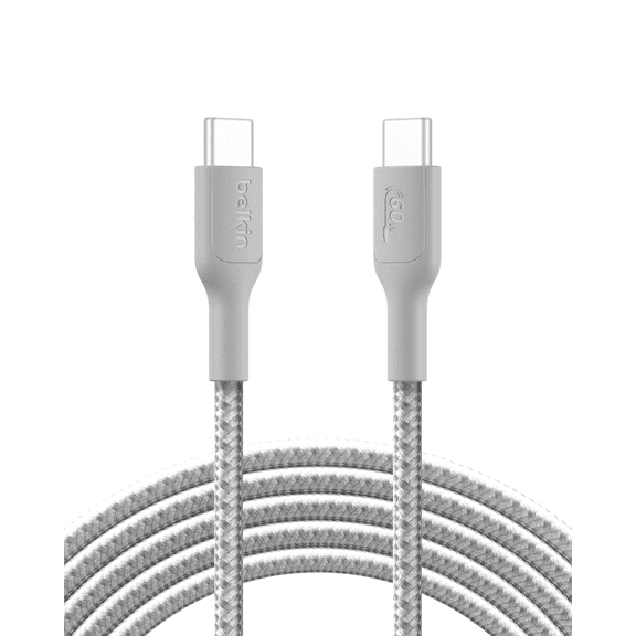 Belkin Braided USB-C to USB-C Cable ( 10ft, 60W) - Soft, Flexible Fast-Charging Cable, Type C Charger Cord for iPhone 16 & 15 Series, Galaxy S25, MacBook, iPad Pro, & More - Gray (USB 2.0,)