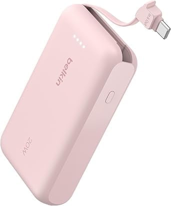 Belkin Power Bank, Portable Power Bank with Integrated Cable 10K PD 20W - Fast Charge USB-C Power Delivery, Portable iPhone Charger for iPhone 16 Series, iPad Pro, Galaxy S25, and More - Pink