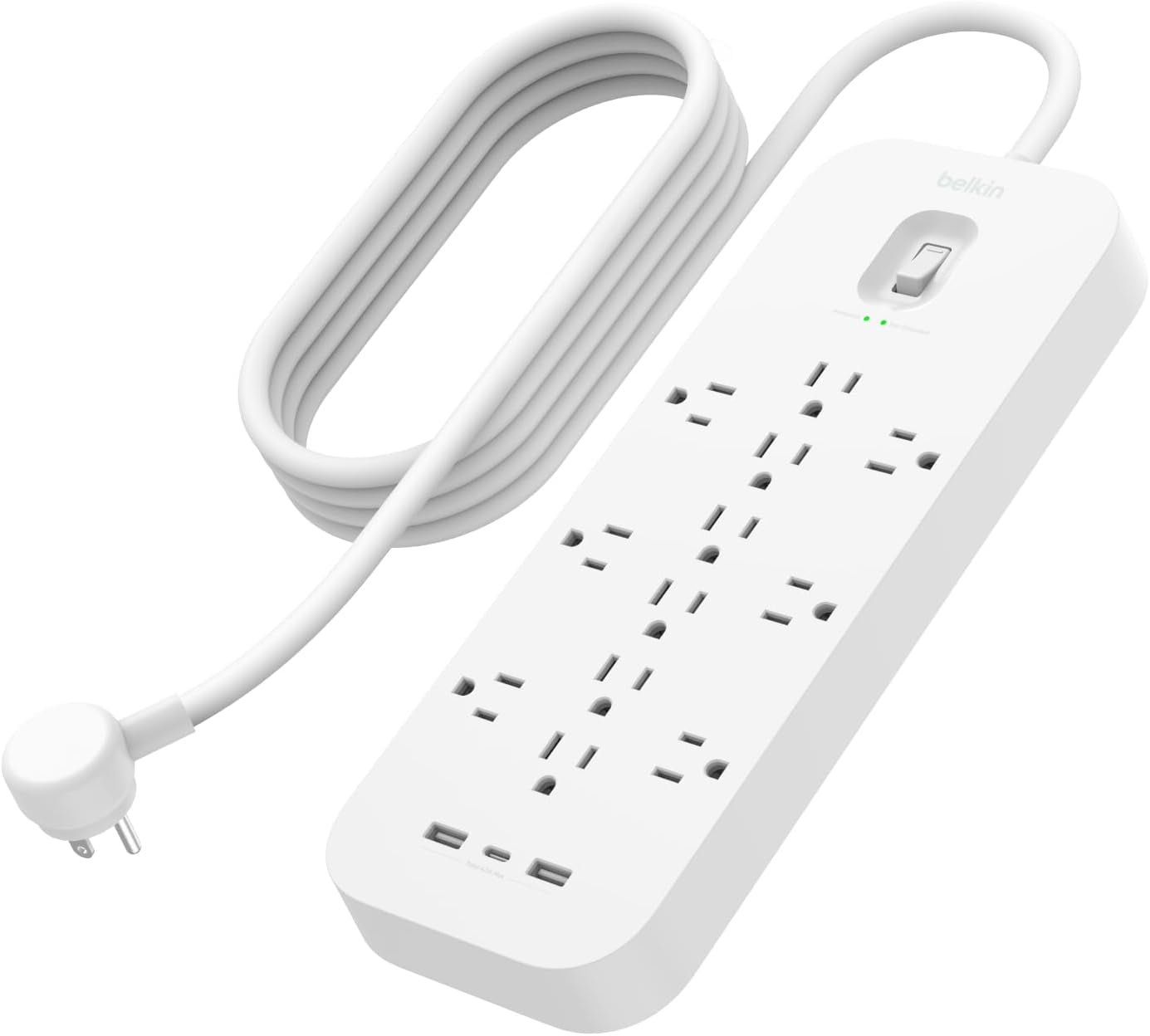 Belkin 12-Outlet Surge Protector Power Strip w/ 12 AC Outlets, 1 USB-C Port, & 2 USB-A Ports, 6ft Cable, Overload and Overvoltage Protection, and On/Off Power Switch - 4,000 Joules of Protection
