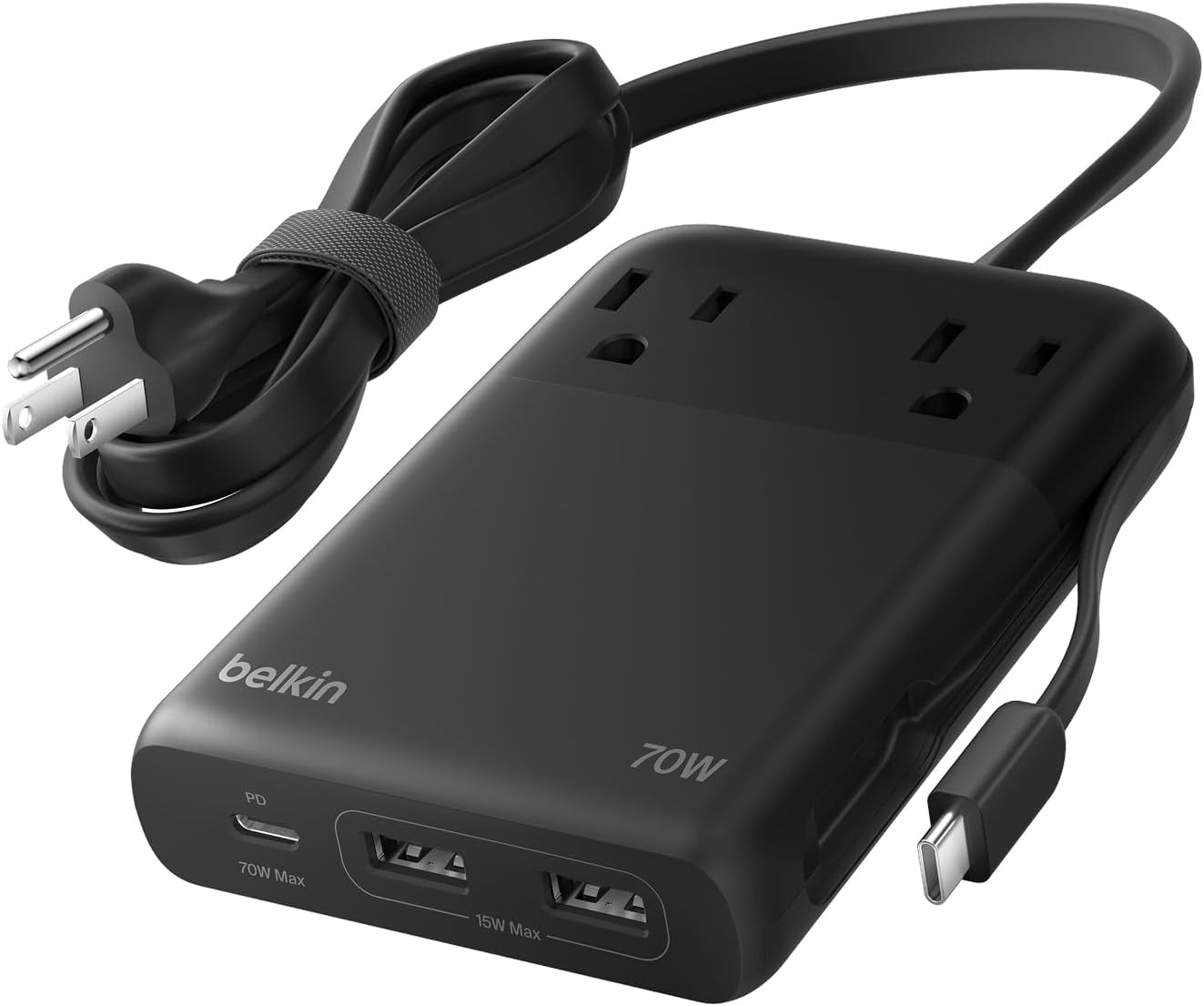 Belkin GaN Charging Station 70W, 6-in-1 USB C Charger w/ 2 AC Outlets, 2 USB A Ports, Integrated USB C Cable-Power Strip for iPhone, Apple Watch, iPad, MacBook, Chromebook, Laptop, Travel Essential