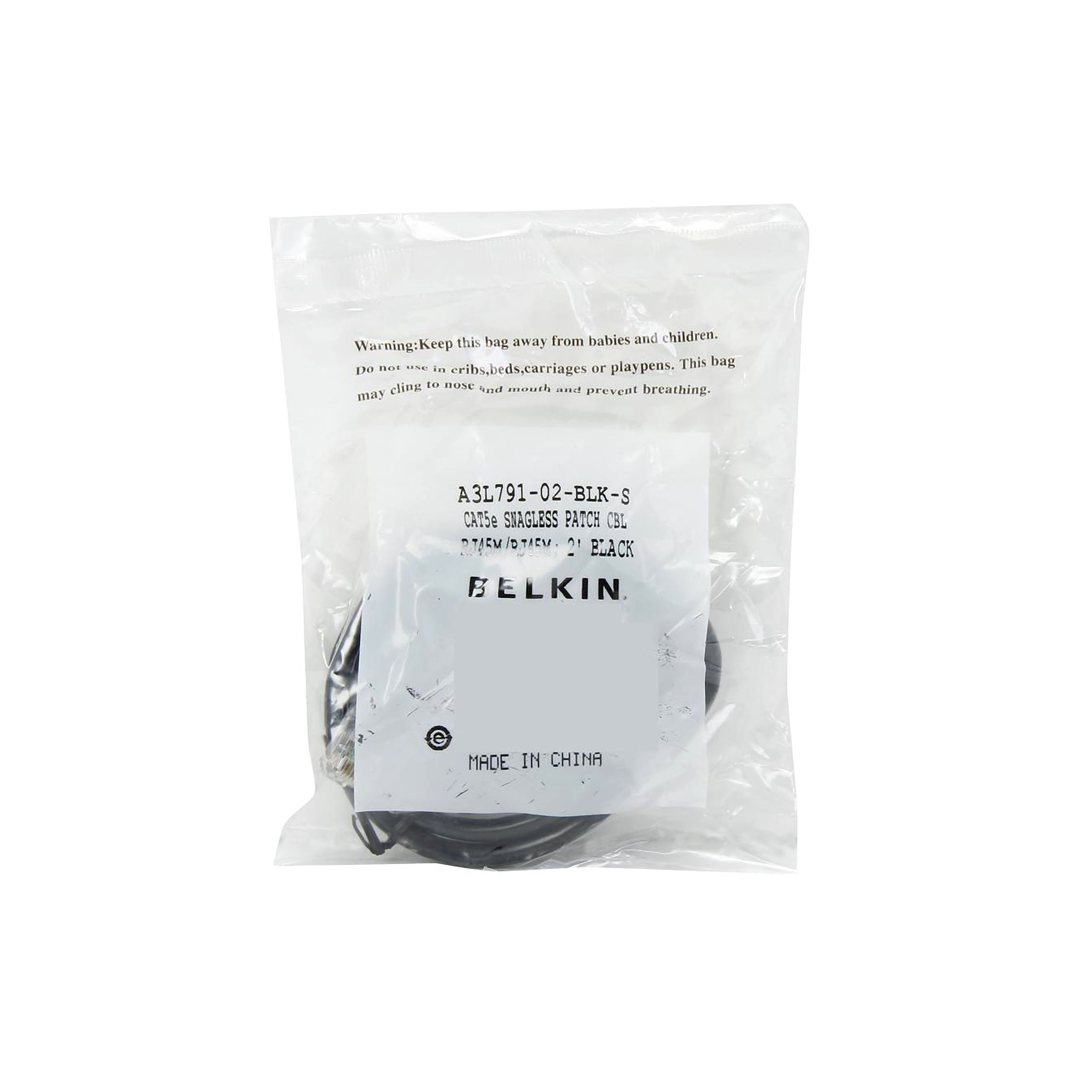 Belkin 2 ft Cat5e Ethernet Patch Cable Snagless RJ45 M/M A3L791-02-BLK-S Black
