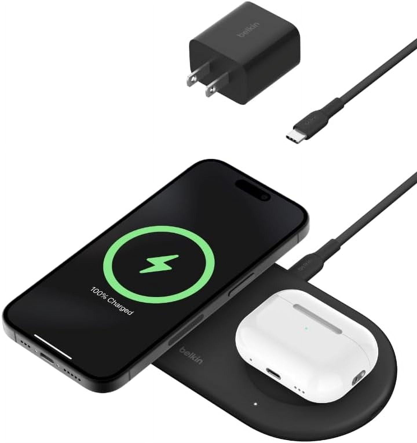 Belkin 2-in-1 Wireless Charging Pad w/ Qi2 15W + Additional USB-C Port - MagSafe-Compatible iPhone Charger, Charging Station for iPhone 16, iPhone 15, & iPhone 14 Series, AirPods, and More - Black