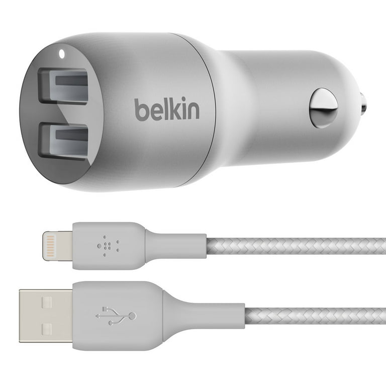 Belkin 24W Dual-Port USB-A Car Charger + 5ft. Lightning to USB-A Cable, Silver, Size: 5