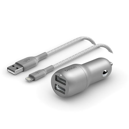 Belkin 24 Watt Dual USB Car Charger - 2 12W USB-A Ports with Braided Ltg Cable for Fast Charging Apple iPhone 14, 14 Pro, 14 Pro Max, iPhone 13, Samsung Galaxy, AirPods & More - USB-C Charger, Silver