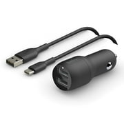 Belkin 24 Watt Dual USB Car Charger - 2 12W USB A Ports with USB-C Cable for Fast Charging