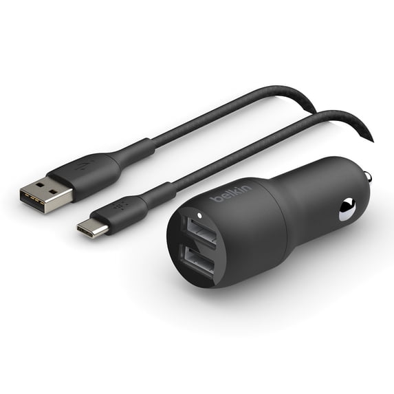 Belkin 24 Watt Dual USB Car Charger - 2 12W USB A Ports with USB-C Cable for Fast Charging