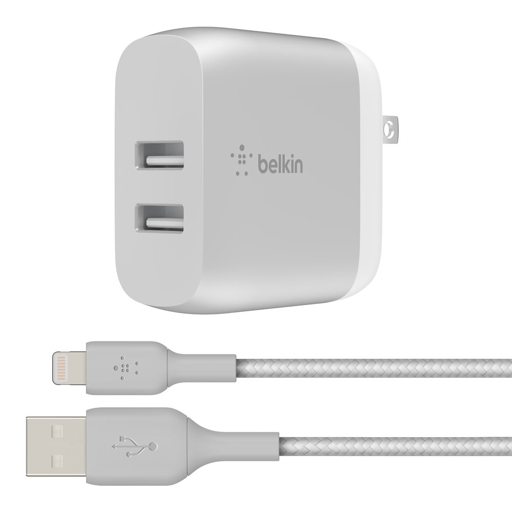 Belkin 24W Dual Port USB Wall Charger Braided Lightning Cable Included iPhone  Charger Fast Charging USB Charger Block for Power Bank, iPhone 14, 13, 12  and 11, Samsung  more, Silver