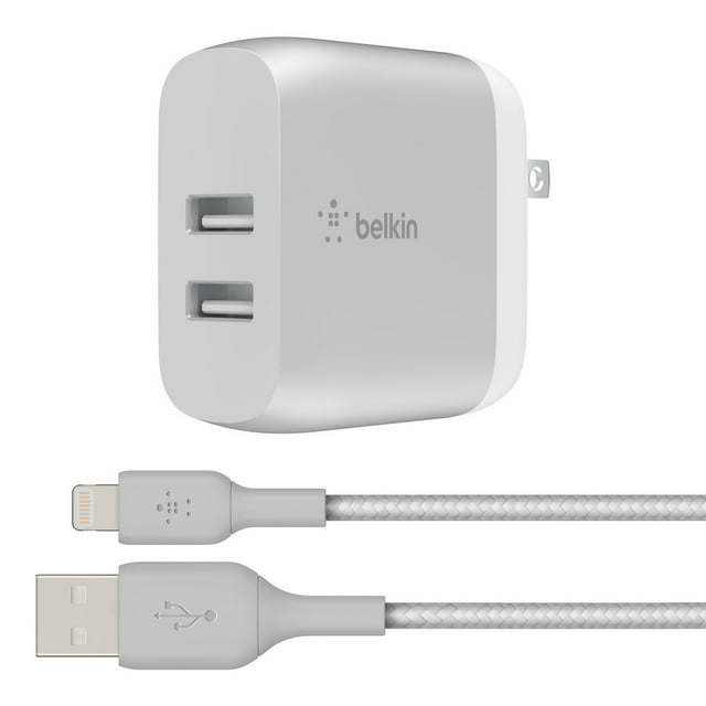 Belkin 24W Dual Port USB Wall Charger - Braided Lightning Cable Included - iPhone Charger Fast Charging - USB Charger Block for Power Bank, iPhone 15, 14, 13, 12 and 11, Samsung & more, Silver