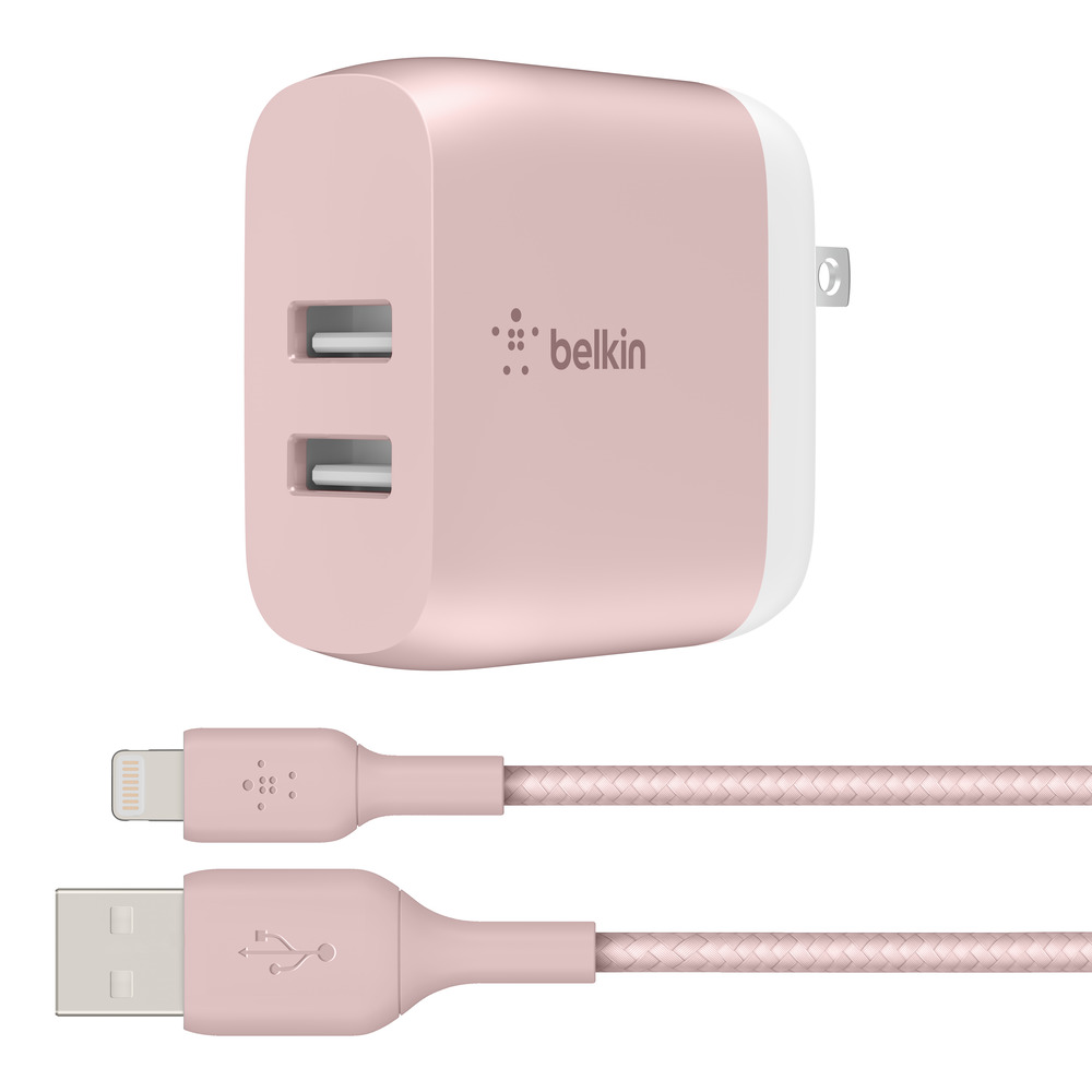 Belkin 24W Dual Port USB Wall Charger - Braided Lightning Cable Included - iPhone Charger Fast Charging - USB Charger Block for Power Bank, iPhone 15, 14, 13, 12, and11, Samsung & more, Rose Gold - image 1 of 6