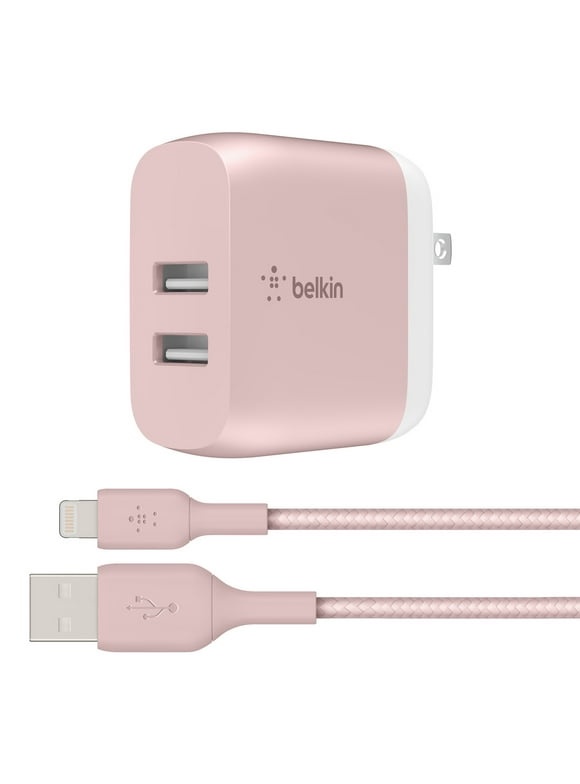 Belkin 24W Dual Port USB Wall Charger - Braided Lightning Cable Included - iPhone Charger Fast Charging - USB Charger Block for Power Bank, iPhone 15, 14, 13, 12, and11, Samsung & more, Rose Gold