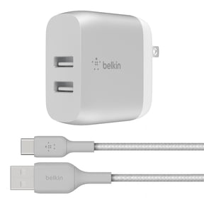 Belkin 24W Dual Port USB Wall Charger - USB C Cable Included - iPhone Charger Fast Charging - Silver