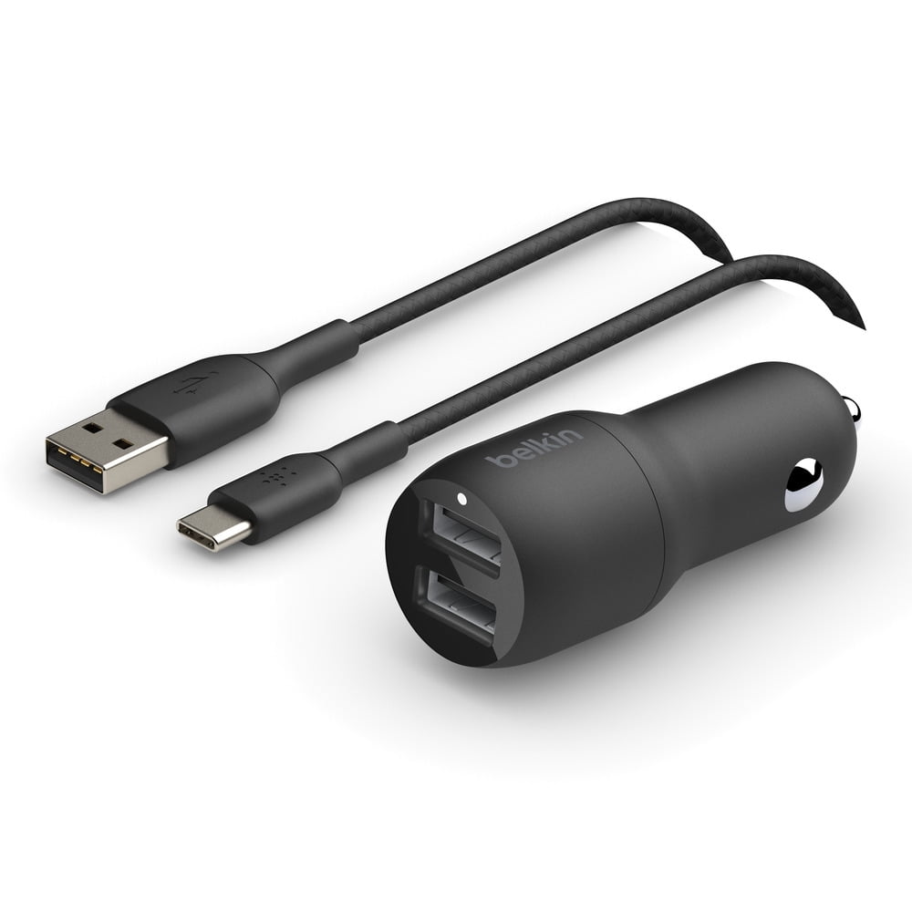 Belkin BOOSTCHARGE 24W DualPort USBA Car Charger + Fast Charging USB C to USBA Cord, 5ft