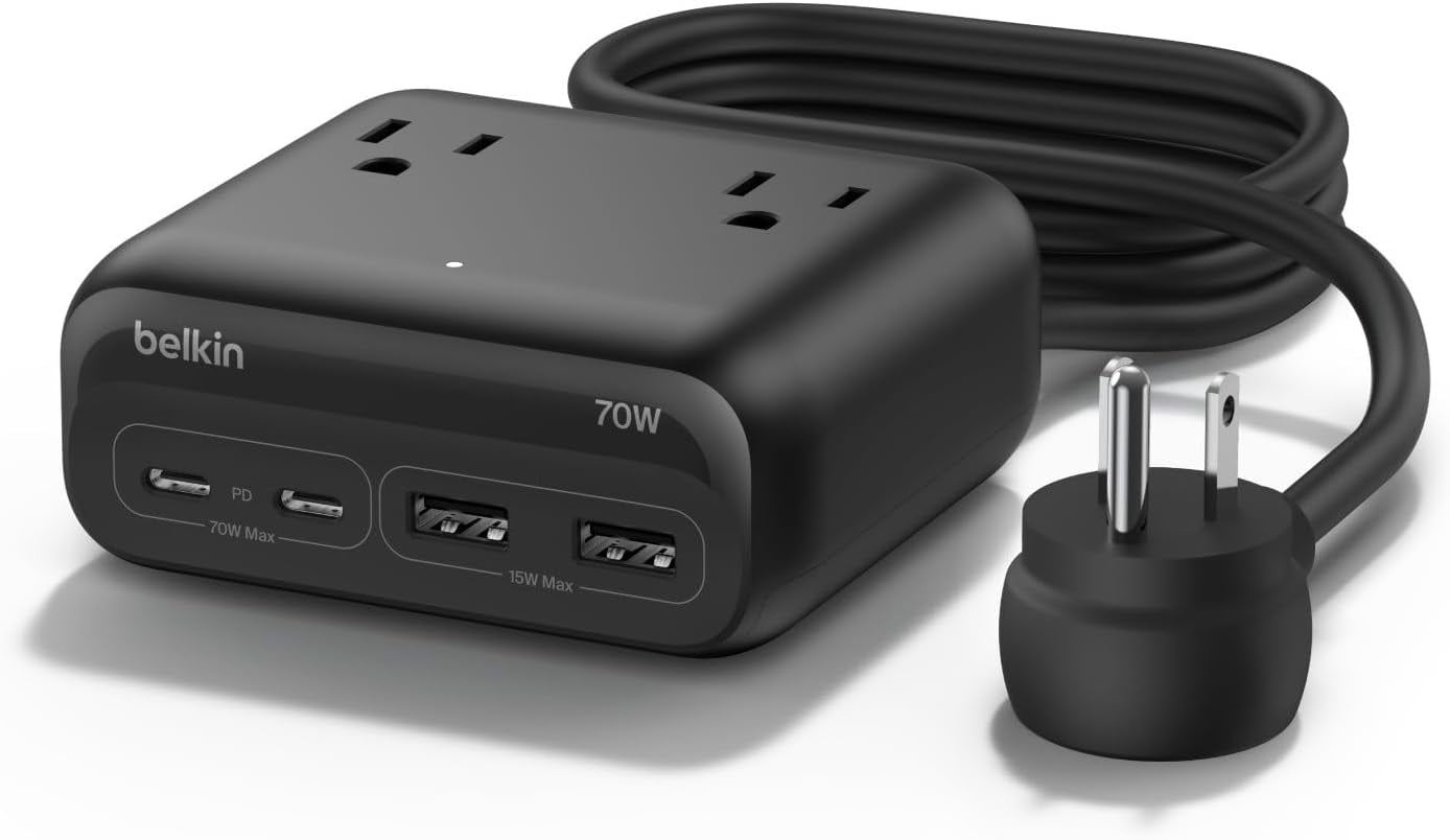 Belkin GaN Charging Station 70W, 7-in-1 Dual USB C Charger w/ 3X AC Outlets, 2X USB A Ports - Power Strip for iPhone, Apple Watch, iPad, MacBook, Chromebook, Samsung Galaxy, Pixel 10, & More - Black