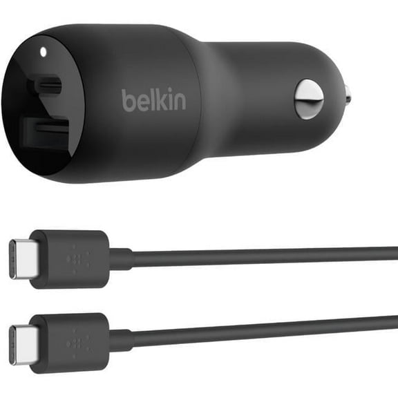Belkin 37W 2-Port USB Power Delivery Car Charger with PPS PVC USB-C To USB-C Cable, Black