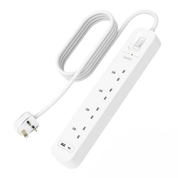 Belkin 4-Outlet Surge Protector Power Strip, Wall-Mountable with 4 AC Outlets, 2M Power Cord, &