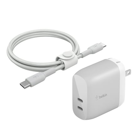 Belkin 40W Dual USB-C Wall Charger with USB-C to USB-C Cable – Fast Charging Adapter for iPhone 15/16, Samsung Galaxy, Google Pixel, iPad, AirPods & More – Silver