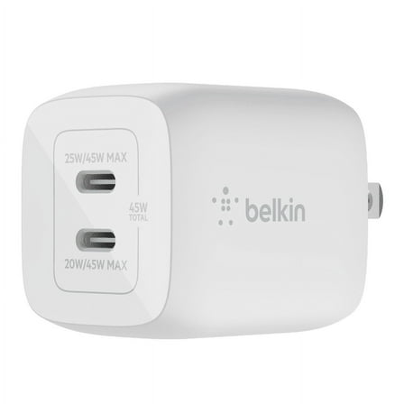 Belkin 45W Dual USB-C Wall Charger, Fast Charging Power Delivery 3.0 w/ GaN Technology for iPad, iPad Pro, MacBook, Galaxy S23, & More - White (WCY012dqWH-RF)
