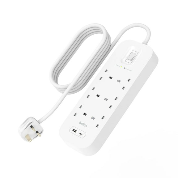 Belkin 6-Outlet Surge Protector Power Strip, Wall-Mountable with 6 AC Outlets, 2M Power Cord, &