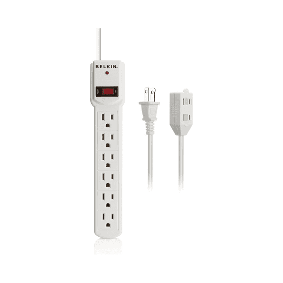Belkin 6-Outlet Surge Protector with 3" Cord + Extra 6" Extension Cord (F5Z0179)