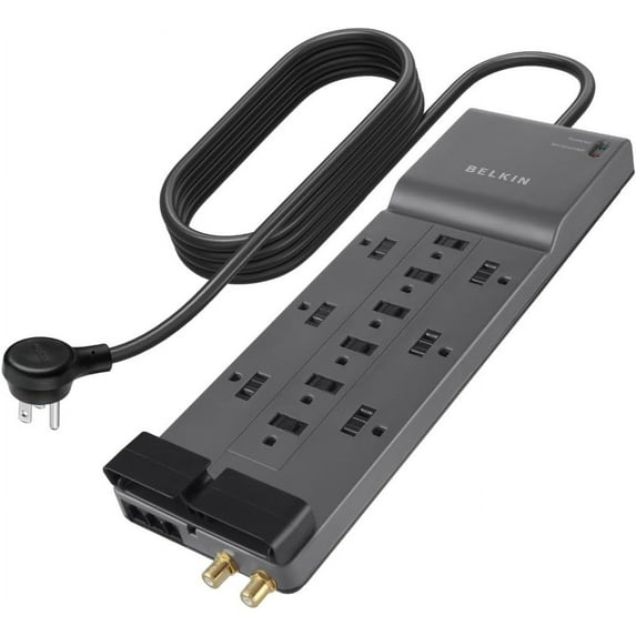 Belkin Surge Protector Power Strip w/ 12 AC Outlets & 8ft Long Flat Plug, UL-listed Heavy-Duty Extension Cord for Home, Office, Travel, Computer, Laptop, Phone Charger - 3,940 Joules of Protection