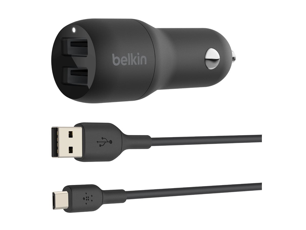 Belkin 24 Watt Dual USB Car Charger - 2 12W USB A Ports with Micro-USB Cable for Fast Charging Apple iPhone 14, 14 Pro, 14 Pro Max, iPhone 13, Samsung Galaxy, AirPods & More - USB-C Charger
