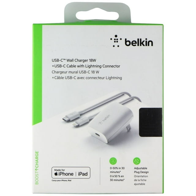 Belkin BoostCharge 18W USB-C Wall Charger with 4-Ft  8-Pin Cable White
