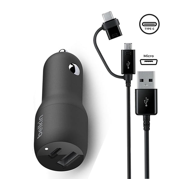 Belkin BoostCharge 32W Car Charger USB-C PD + USB-A with 5ft Micro USB & USB-C Cable for iPhone & Android